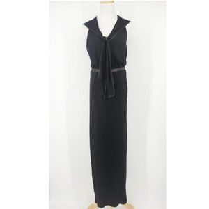 Rozae Nichols Shawl Tie-Neck Belted Wool Blend Sleeveless Maxi Dress Black